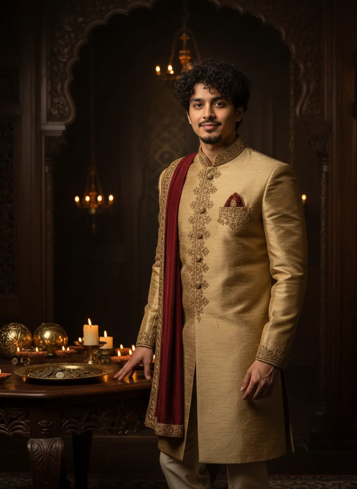 Diwali Royal Gold Sherwani Portrait: AI-generated from the original photo