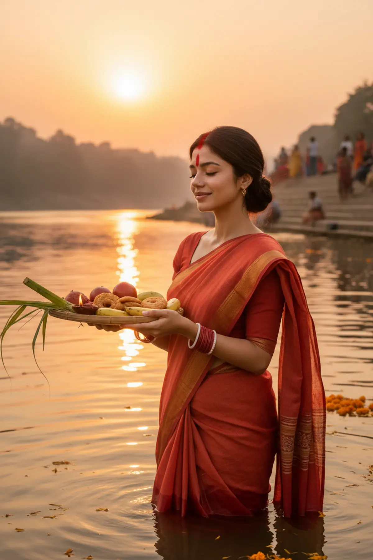 Chhath Puja Sunset Arghya River Portrait: AI-generated from the original photo