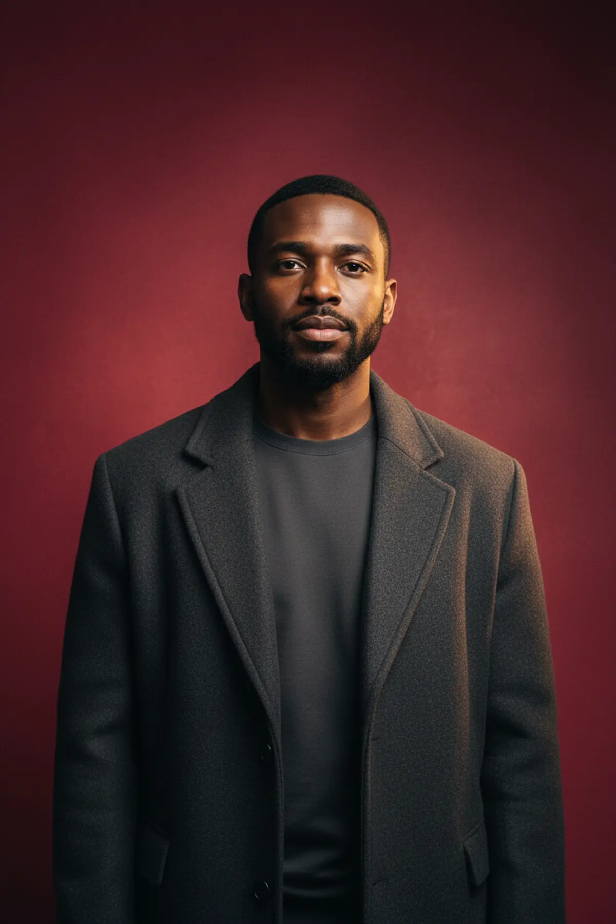 Crimson Backdrop Black Overcoat Portrait: AI-generated from the original photo