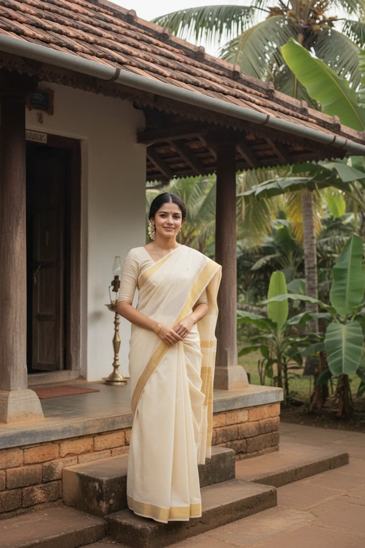 1980s Kerala Kasavu Saree Portrait AI photo by pixkoz.picks