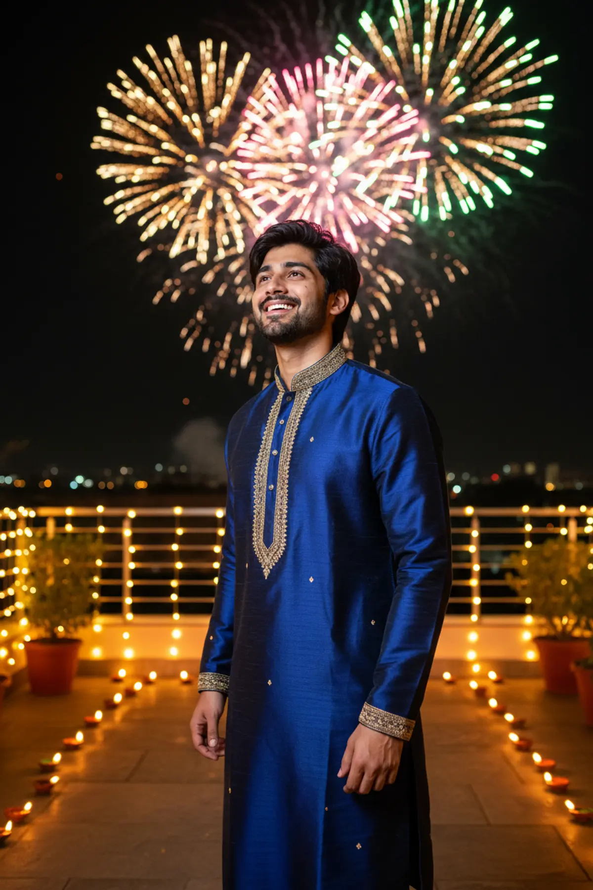 Diwali Night Fireworks Watching Portrait AI photo by pixkoz.picks