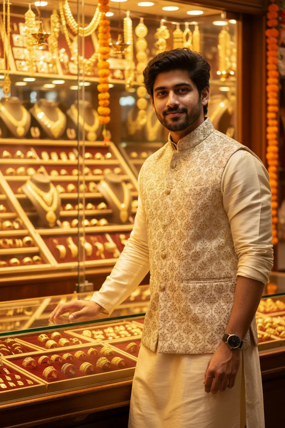 Dhanteras Jewellery Bazaar Kurta Portrait: AI-generated from the original photo