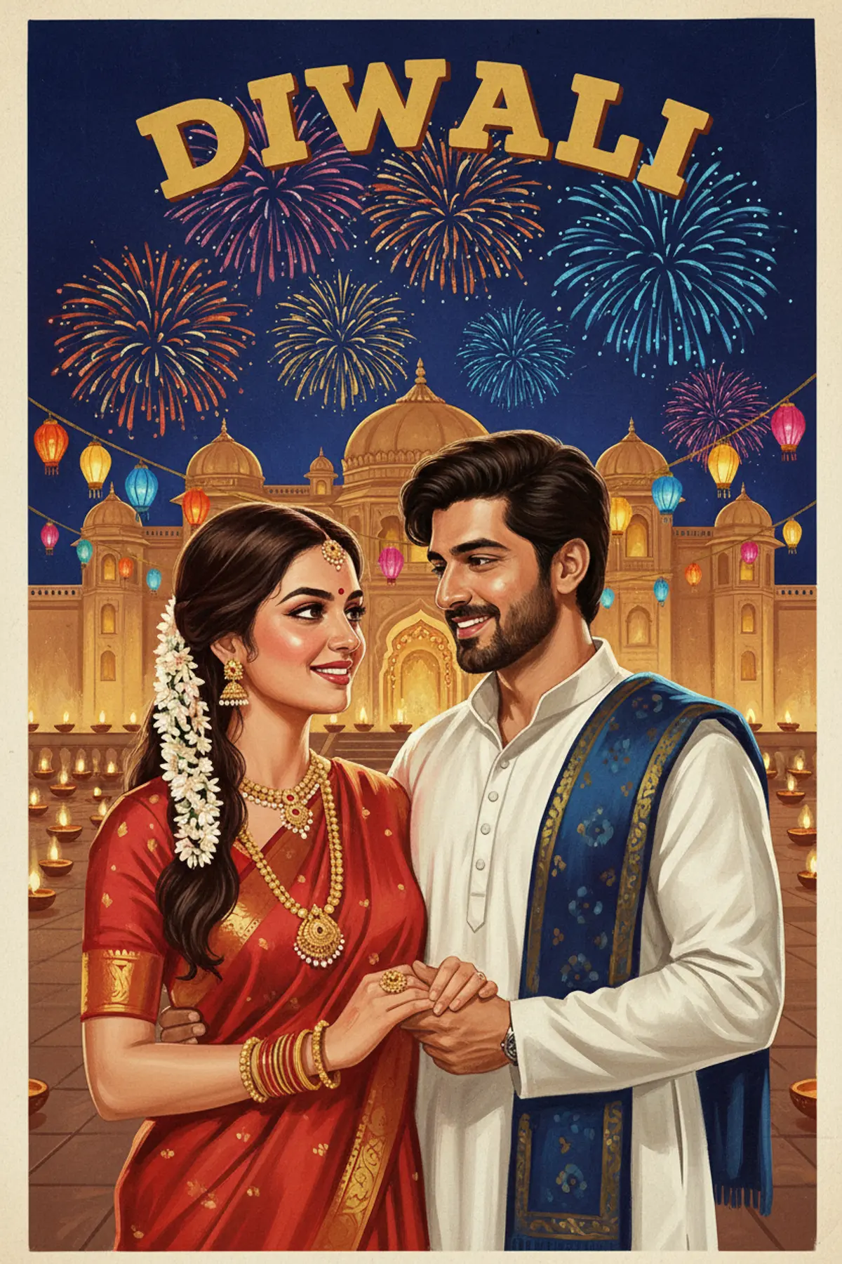 Vintage Hand-Painted Diwali Film Poster: AI-generated from the original photo