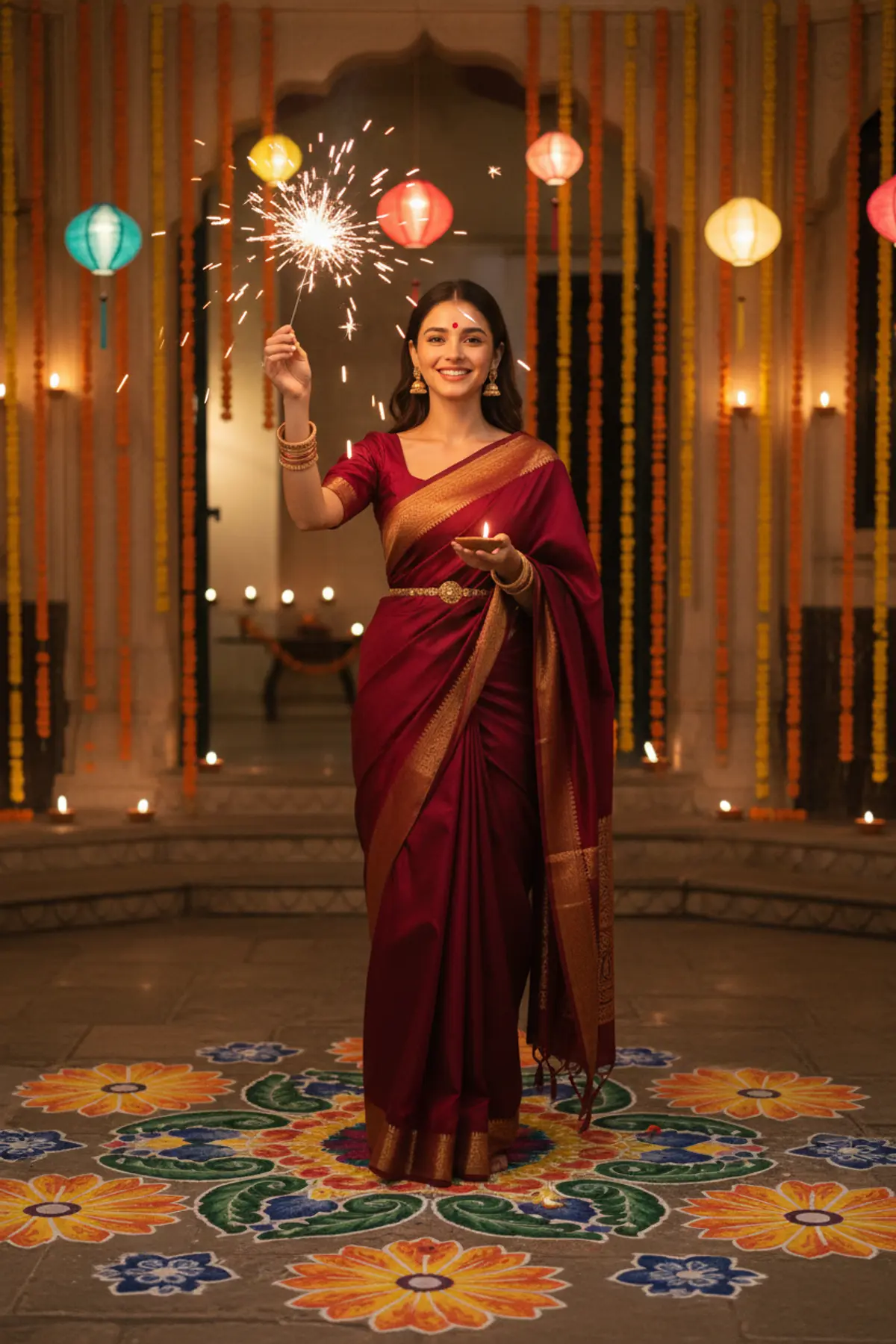 Diwali Courtyard Sparkler Saree Portrait: AI-generated from the original photo
