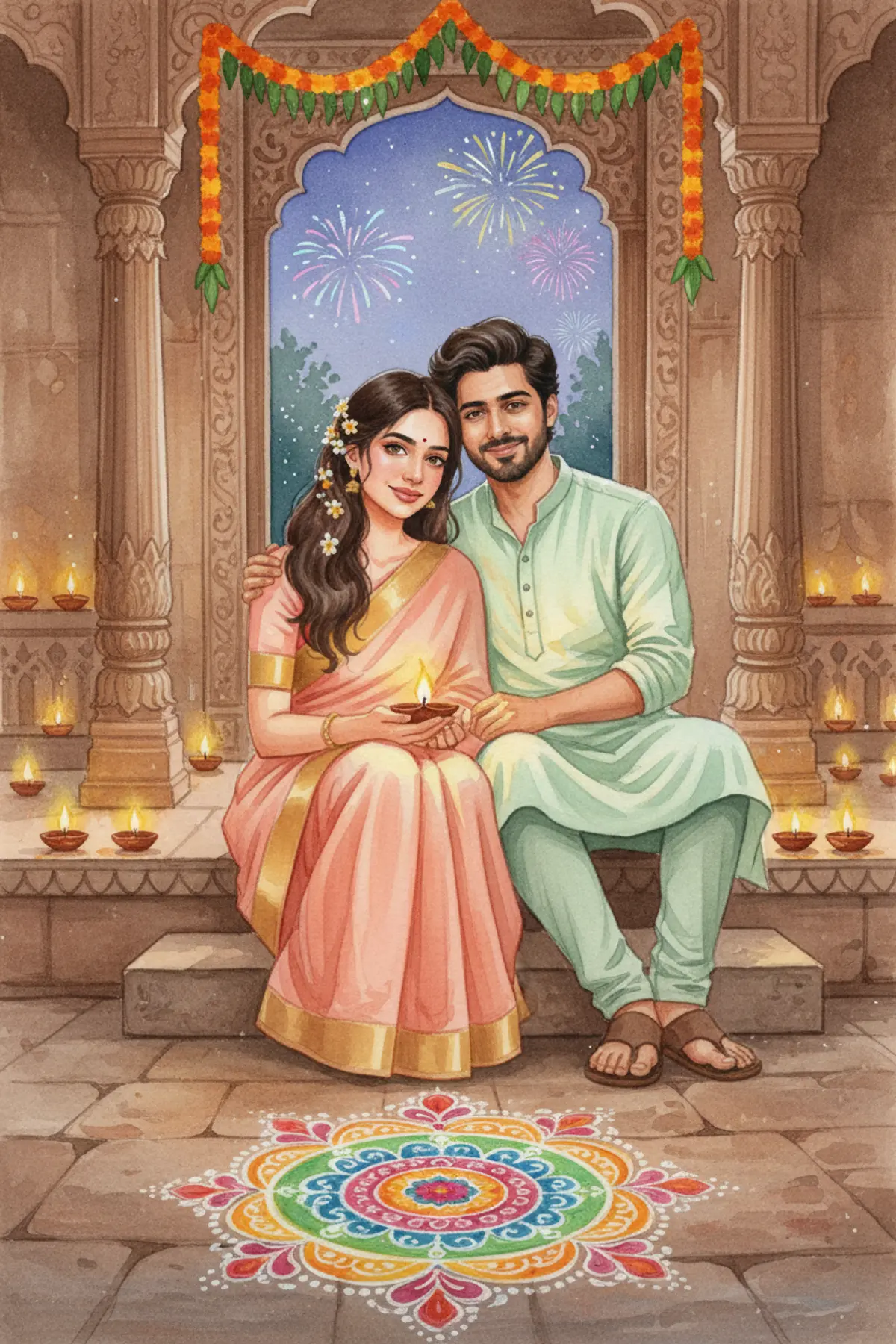 Diwali Watercolour Courtyard Couple AI photo by pixkoz.picks