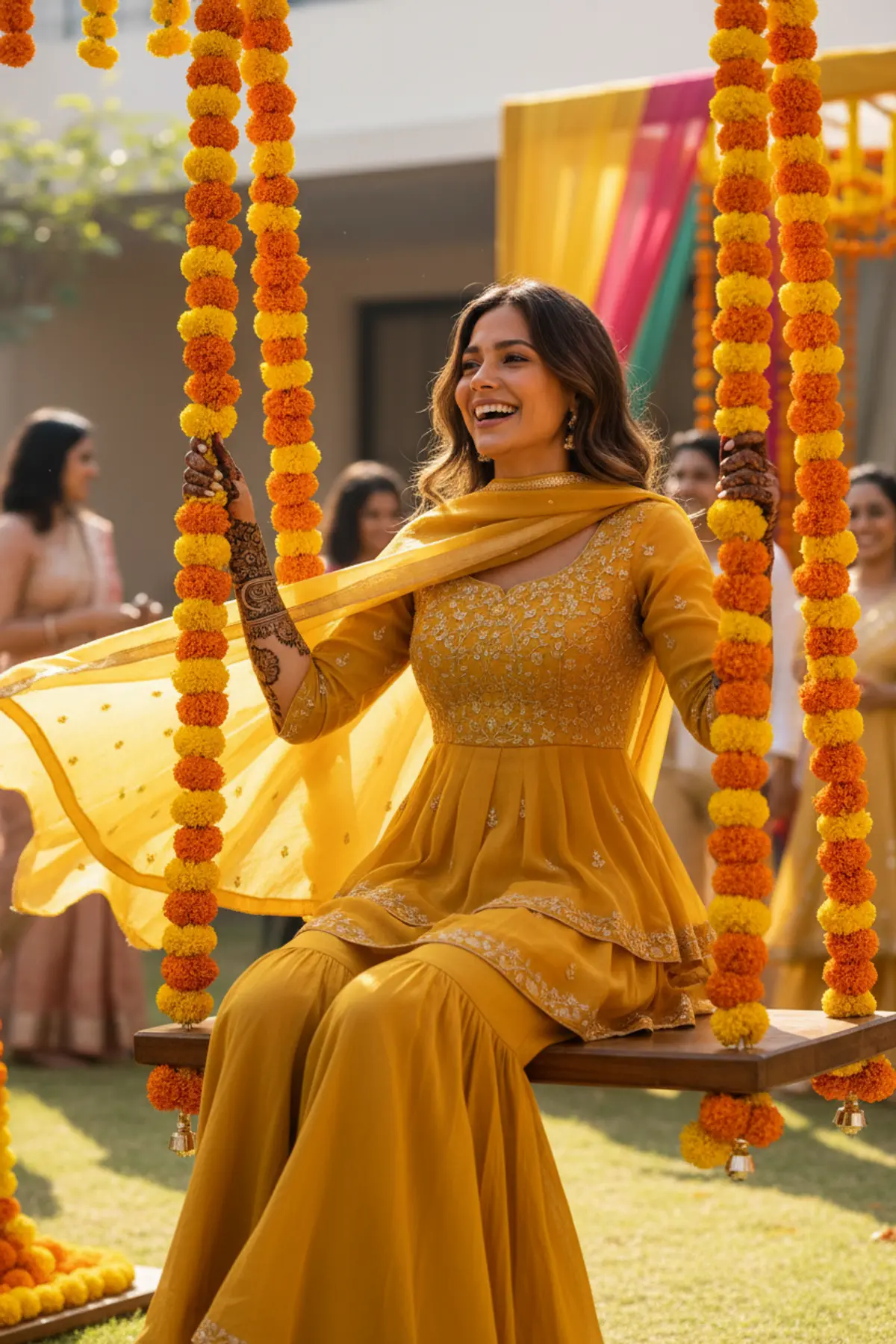 Mehndi Day Marigold Swing Portrait AI photo by pixkoz.picks