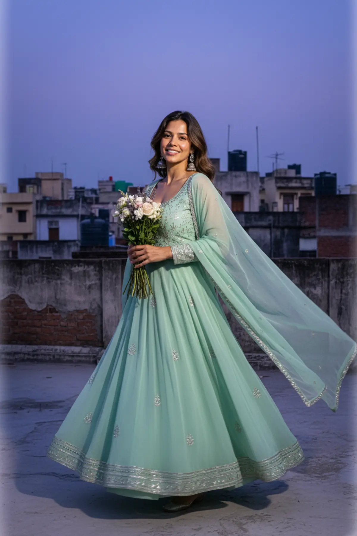 Rooftop Blue Hour Anarkali Portrait AI photo by pixkoz.picks