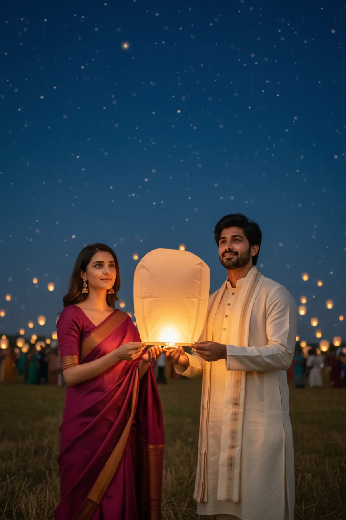 Diwali Sky Lantern Couple Portrait AI photo by pixkoz.picks