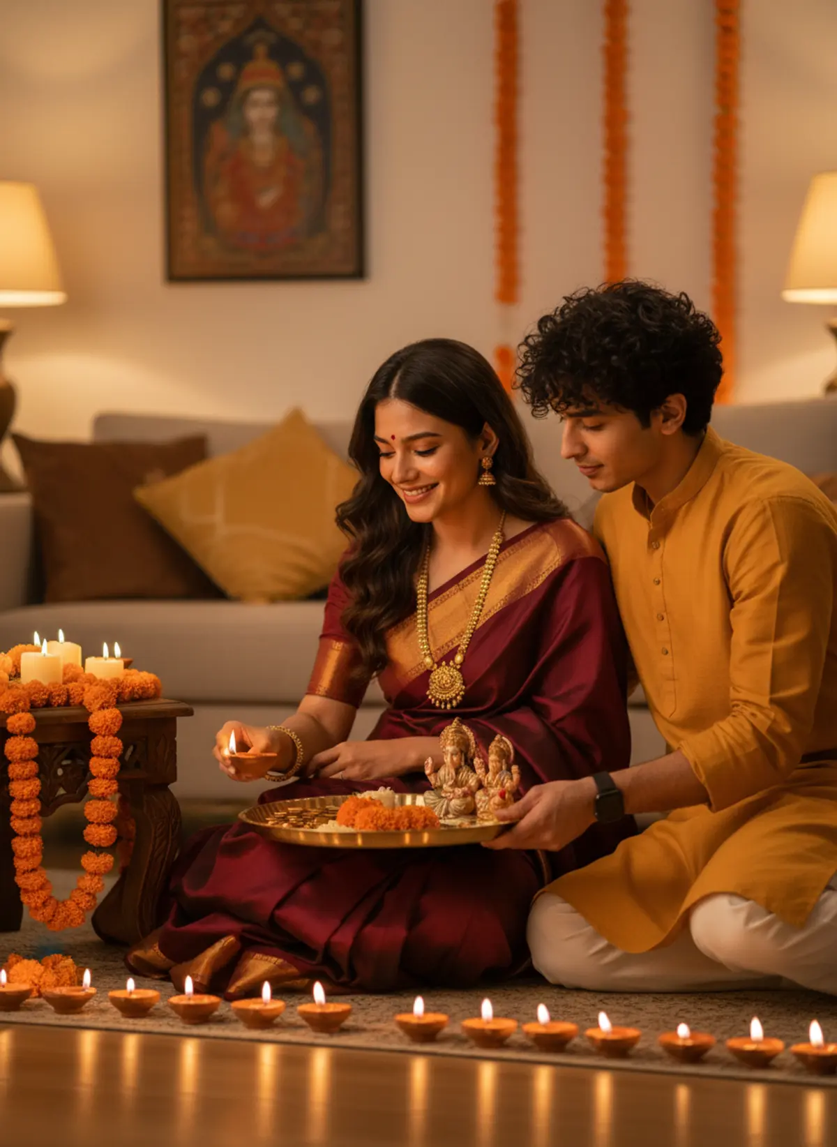 Dhanteras Couple Gold Coin Puja Portrait: AI-generated from the original photo
