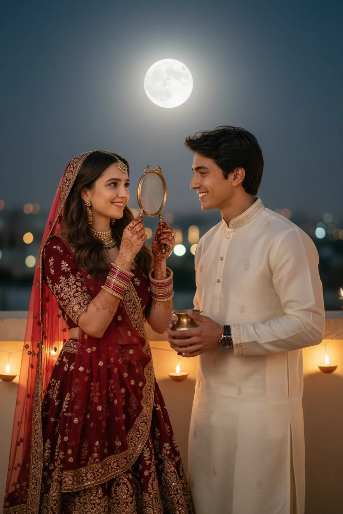 Karwa Chauth Couple Moonlight Portrait AI photo by pixkoz.picks