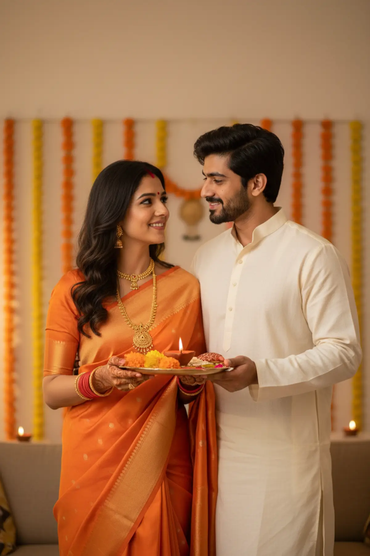 Karwa Chauth Couple Puja Thali Portrait AI photo by pixkoz.picks