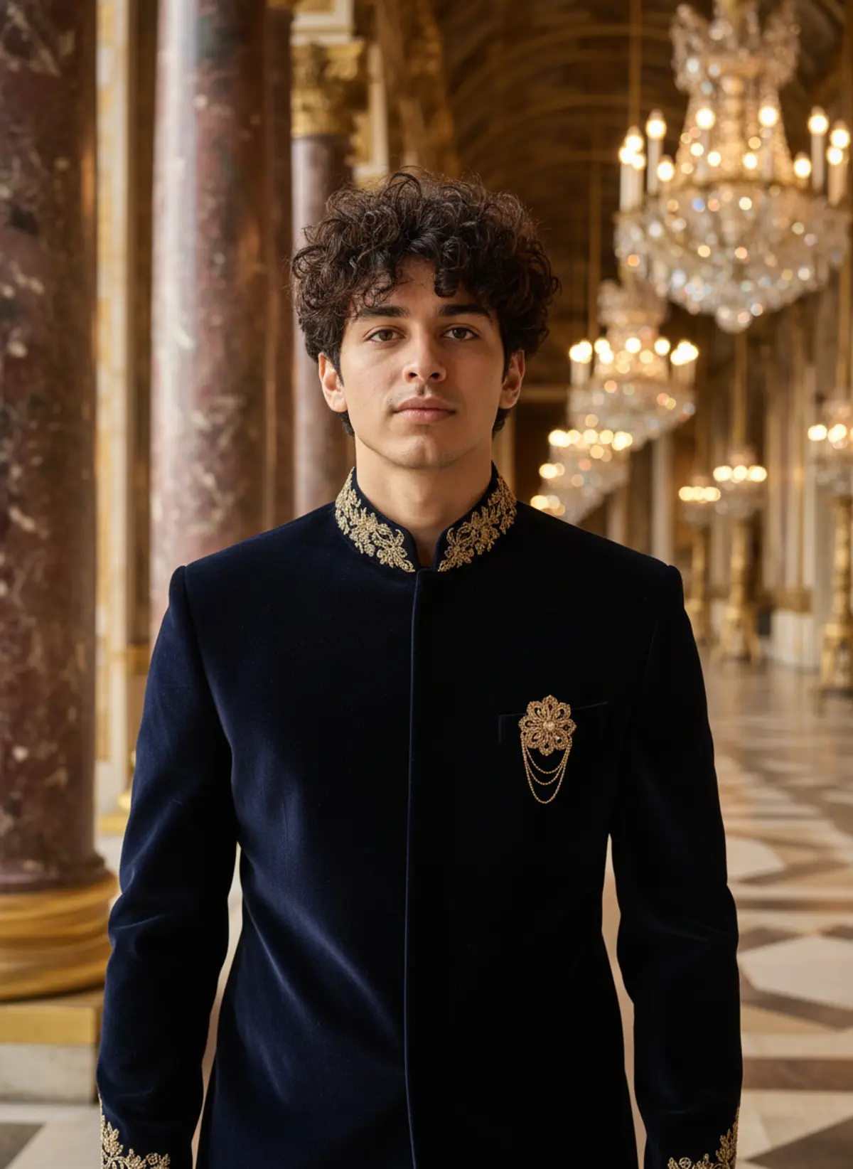 Navy Velvet Sherwani Palace Portrait AI photo by pixkoz.picks