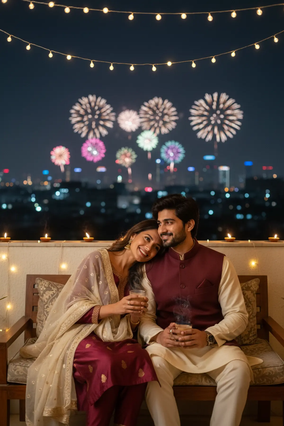 Diwali Terrace Chai Couple Portrait AI photo by pixkoz.picks
