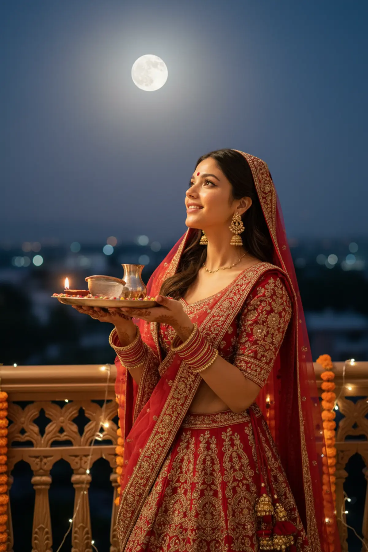 Karwa Chauth Moonlit Balcony Portrait AI photo by pixkoz.picks