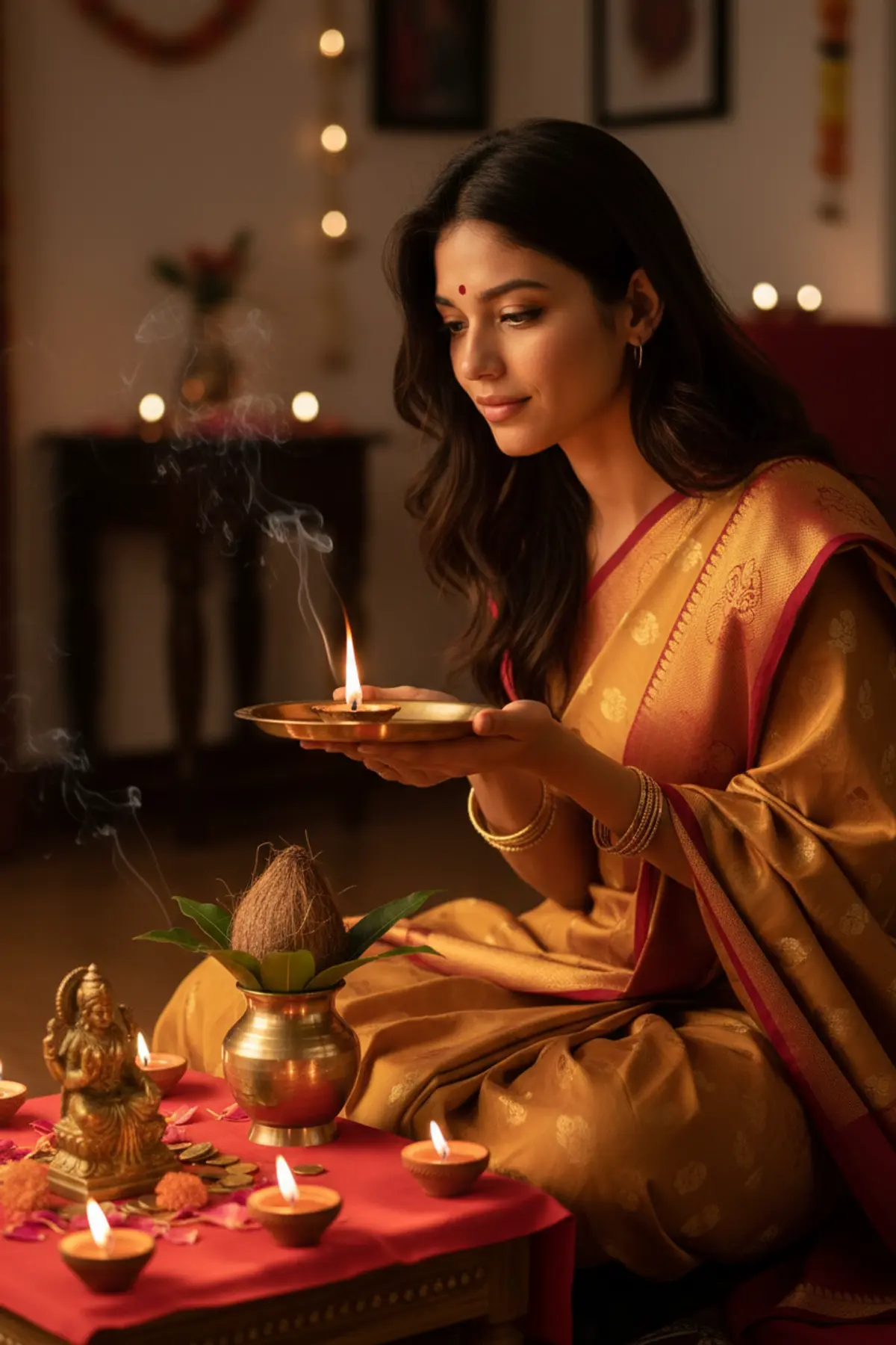Lakshmi Puja Banarasi Saree Portrait: AI-generated from the original photo
