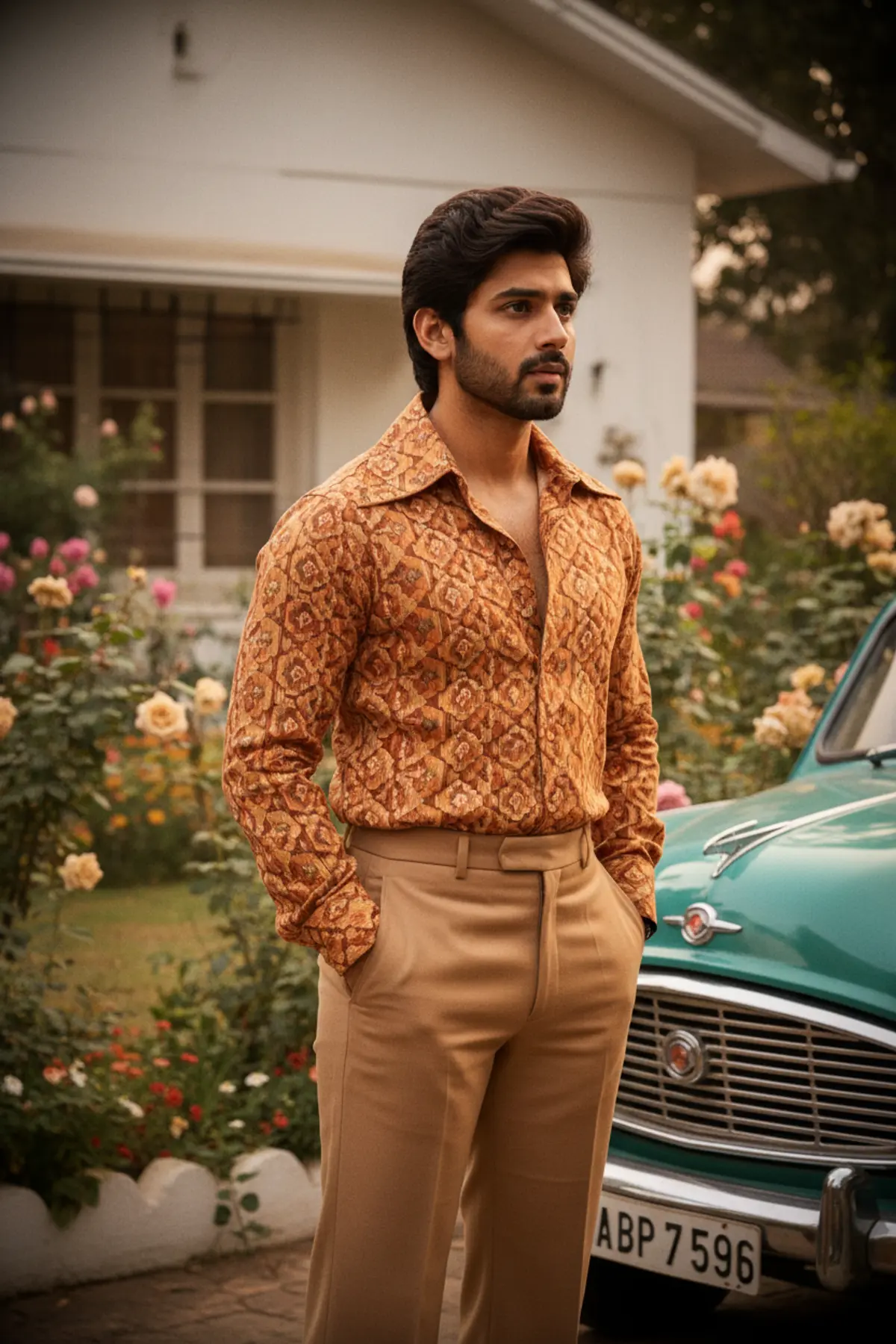 1970s Bollywood Film Still Portrait: AI-generated from the original photo