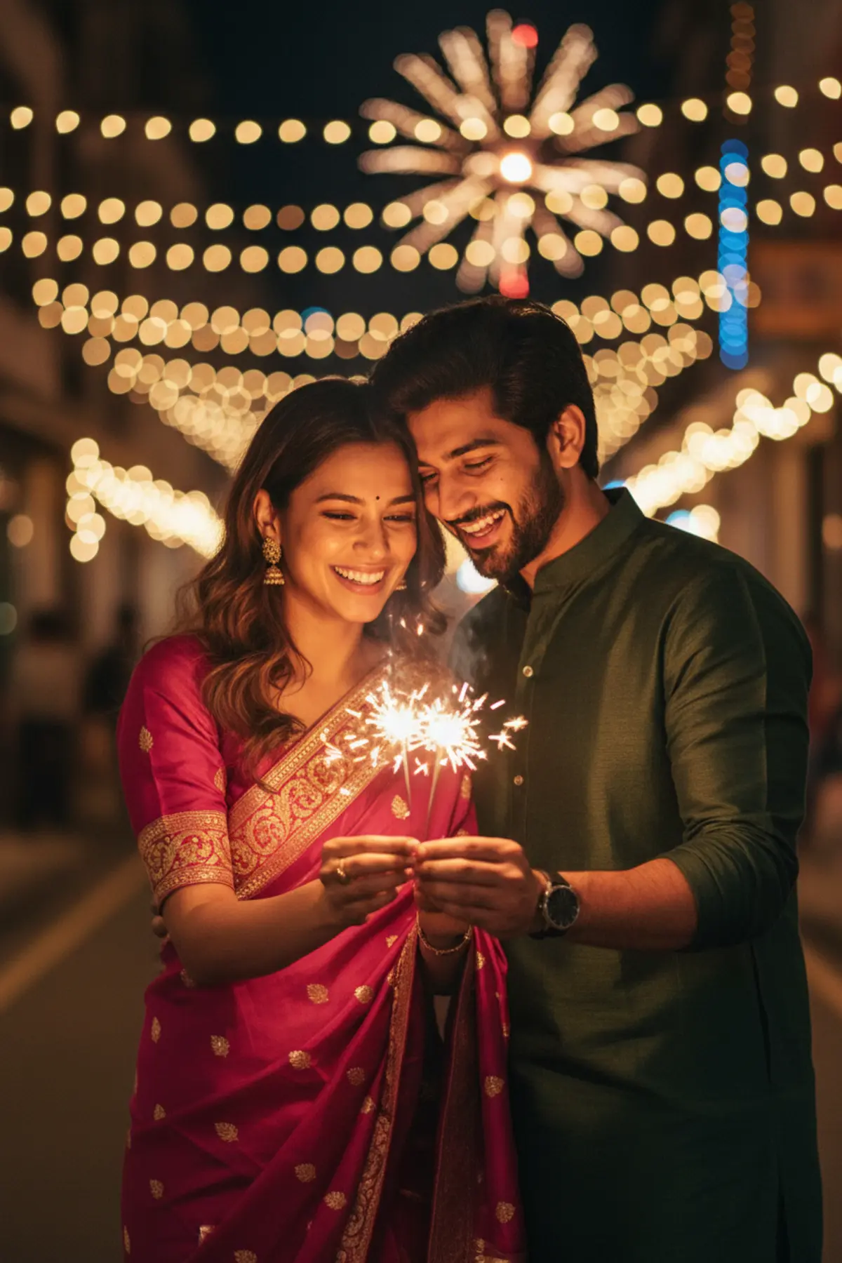 Diwali Couple Sparkler Close-up: AI-generated from the original photo