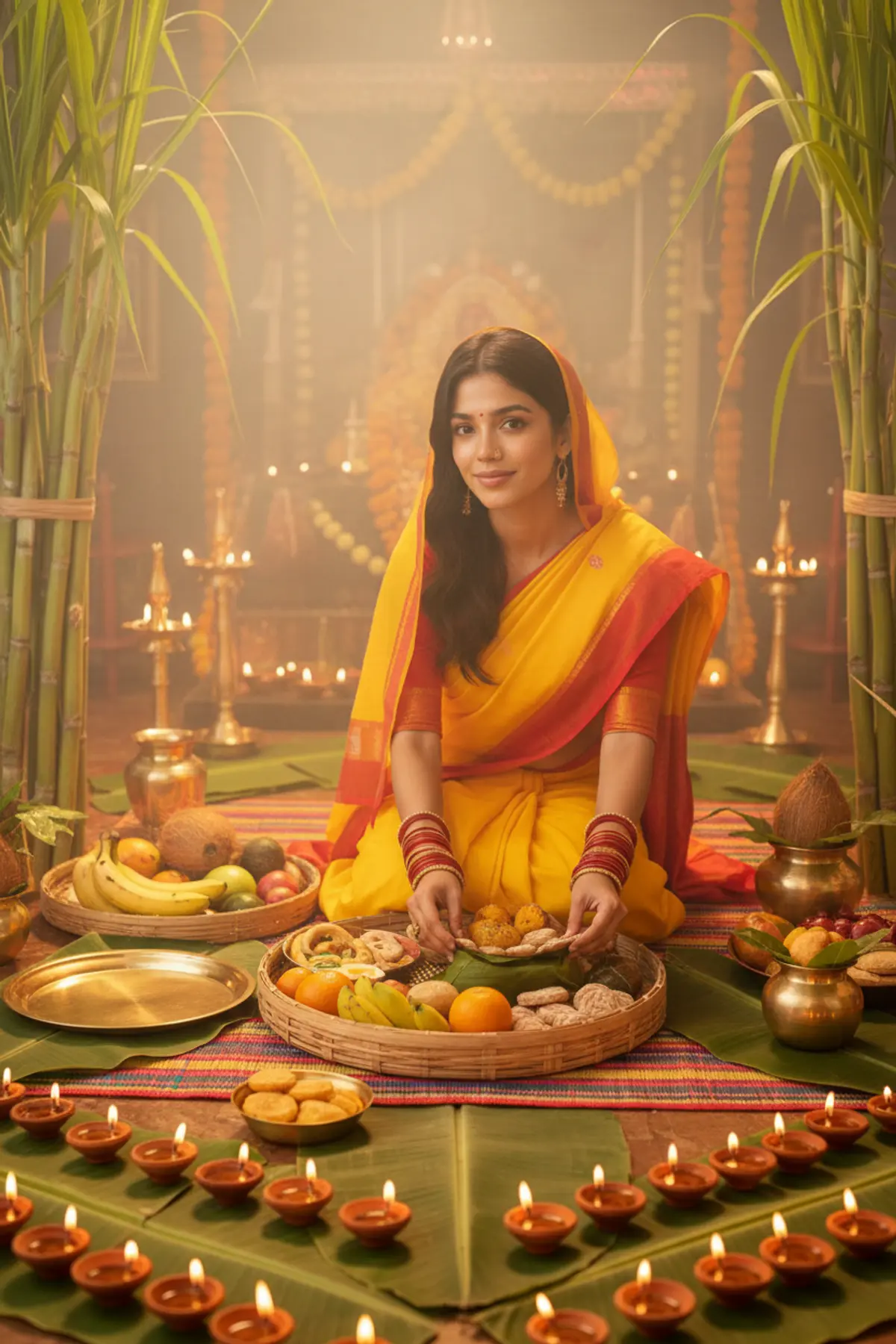 Chhath Puja Yellow Saree Offerings Portrait: AI-generated from the original photo