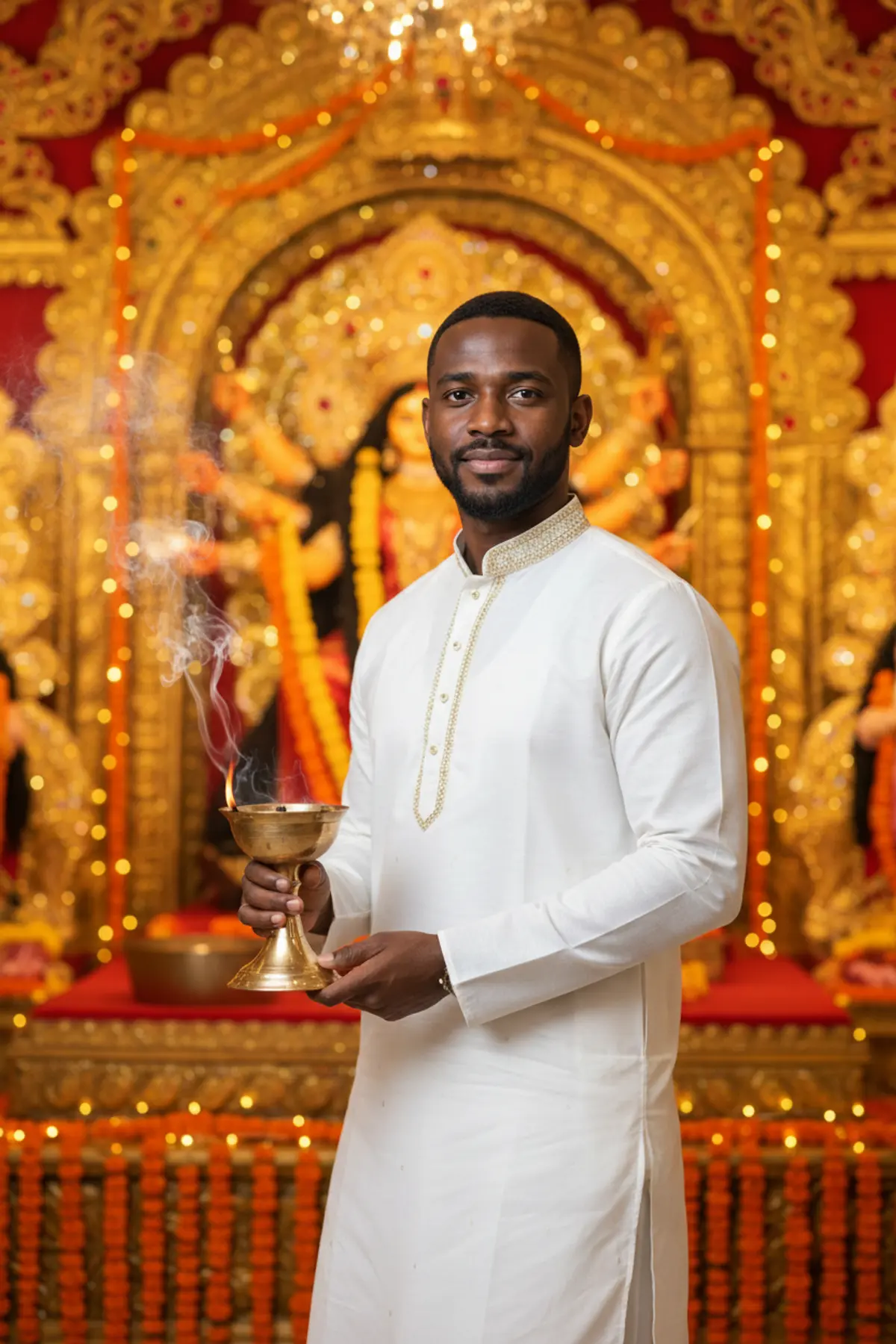 Durga Puja Dhunuchi Kurta Portrait: AI-generated from the original photo