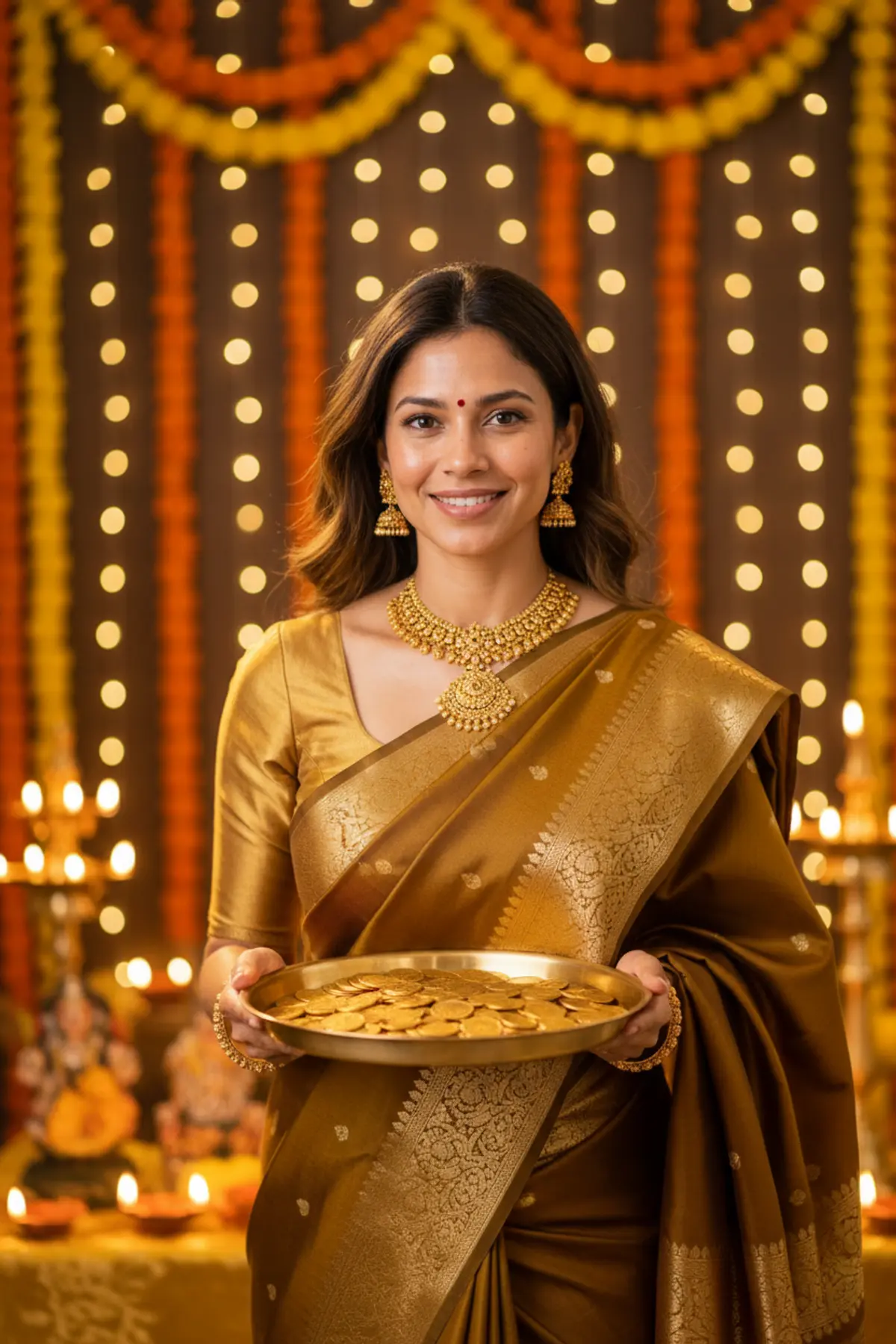 Dhanteras Gold Silk Saree Portrait: AI-generated from the original photo